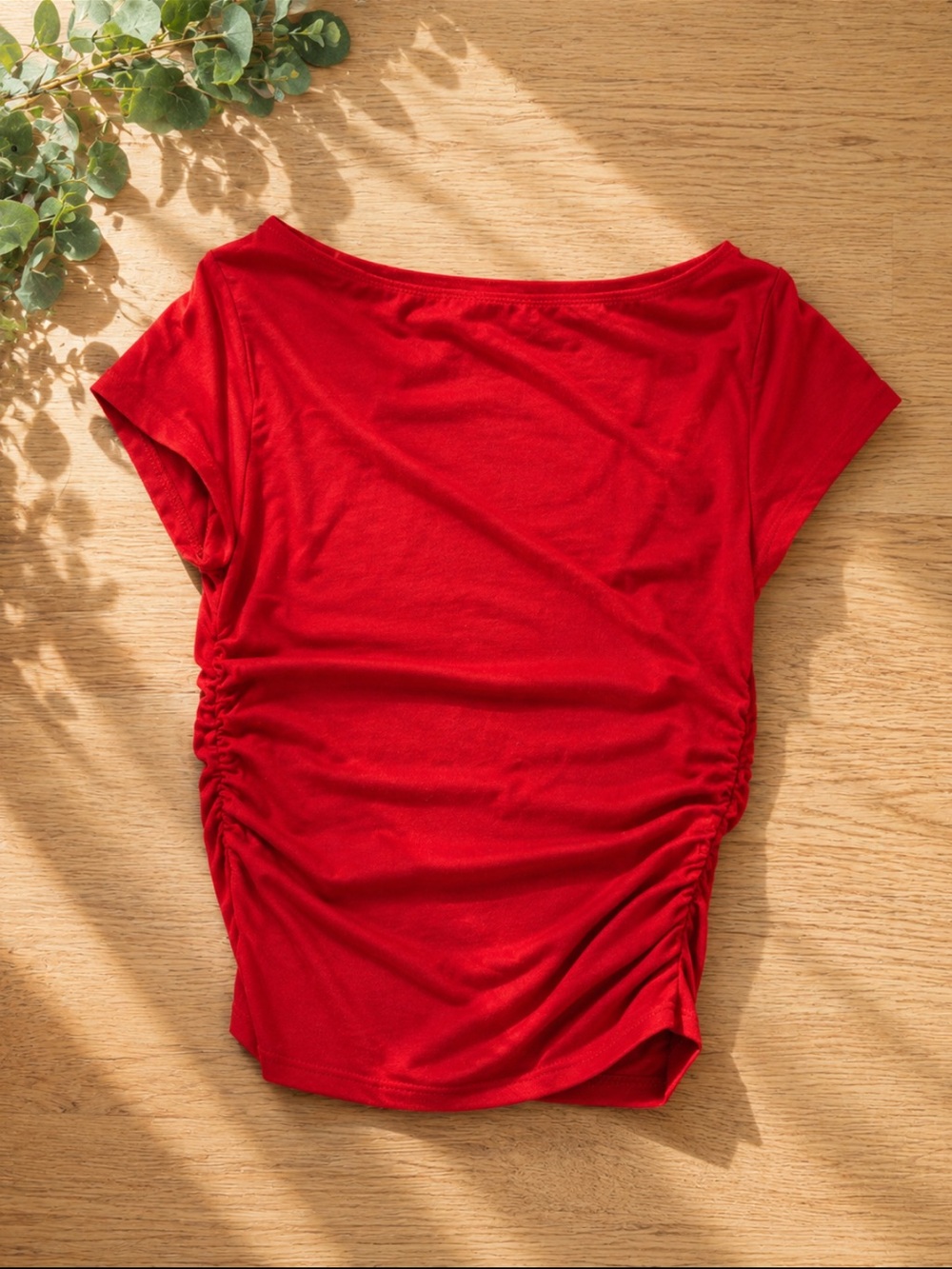 Women’s Red Ruched Side Short Sleeve Top by Threaded Rose - SIZE S